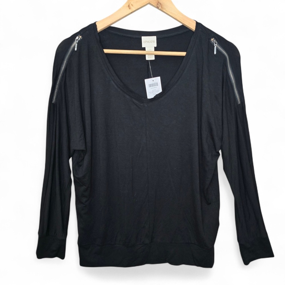 Chicos Top Womens 0‎ US Small Black Zipper Shoulder Dolman Sleeve Blouse Casual